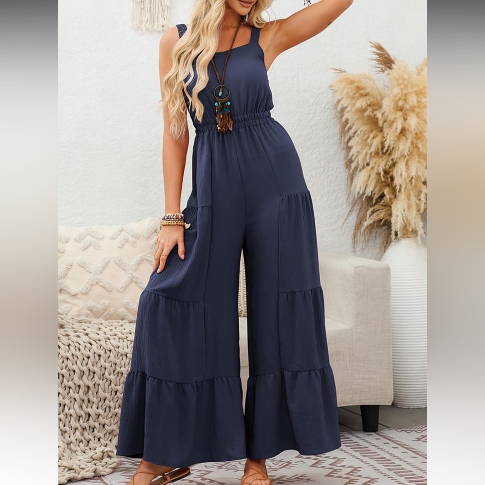 Navy Blue Sleeveless Jumpsuit/Overall with Ruffled Wide-Leg Design - Picture 2 of 7